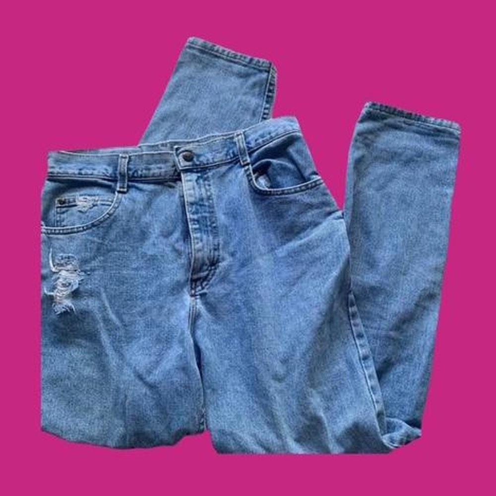 High waisted mom jeans ripped straight leg paints medium blue